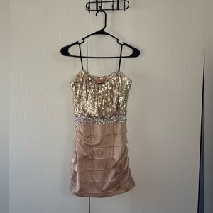 Sequin Strapless Dress in Gold and Tan